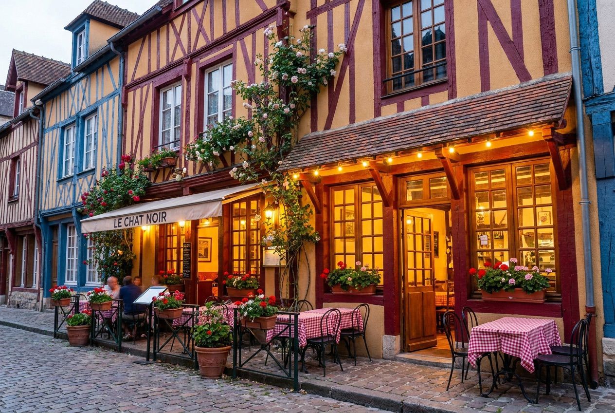 Façade du bistrot dans une rue à colombages de Troyes
