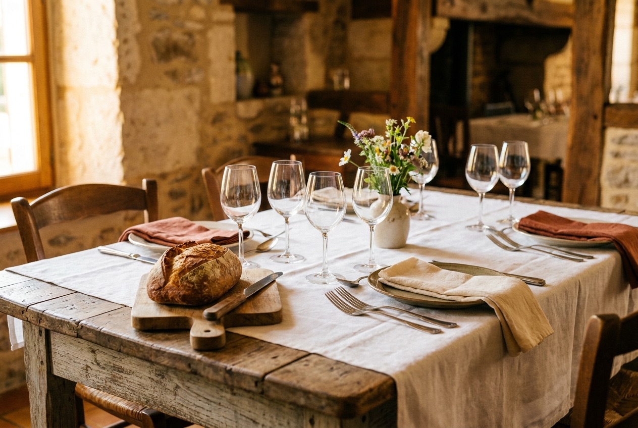 Table dressée : nappe en lin, couverts et pain posés sur le bois