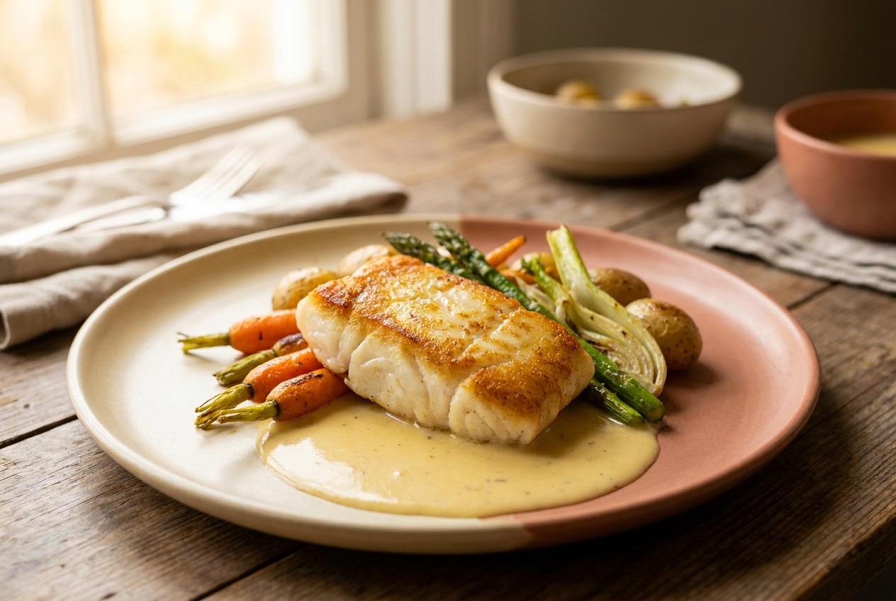Pavé de cabillaud, beurre blanc et légumes de saison
