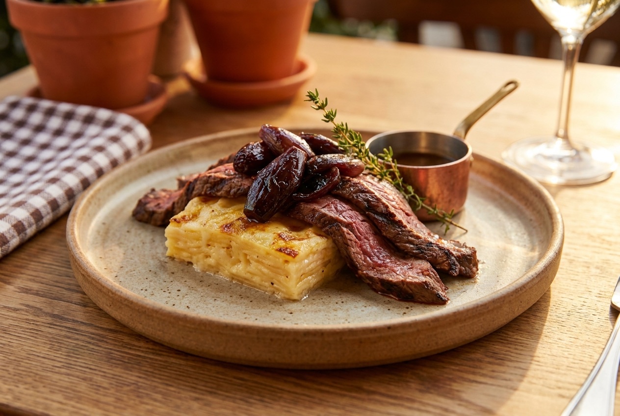 Bavette d'aloyau, échalotes confites et gratin dauphinois dressés à l'assiette
