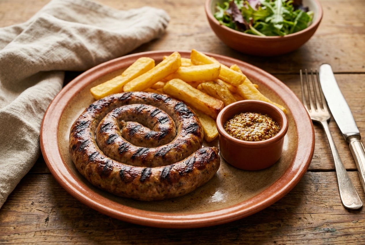 Andouillette de Troyes grillée, frites maison et moutarde à l'ancienne