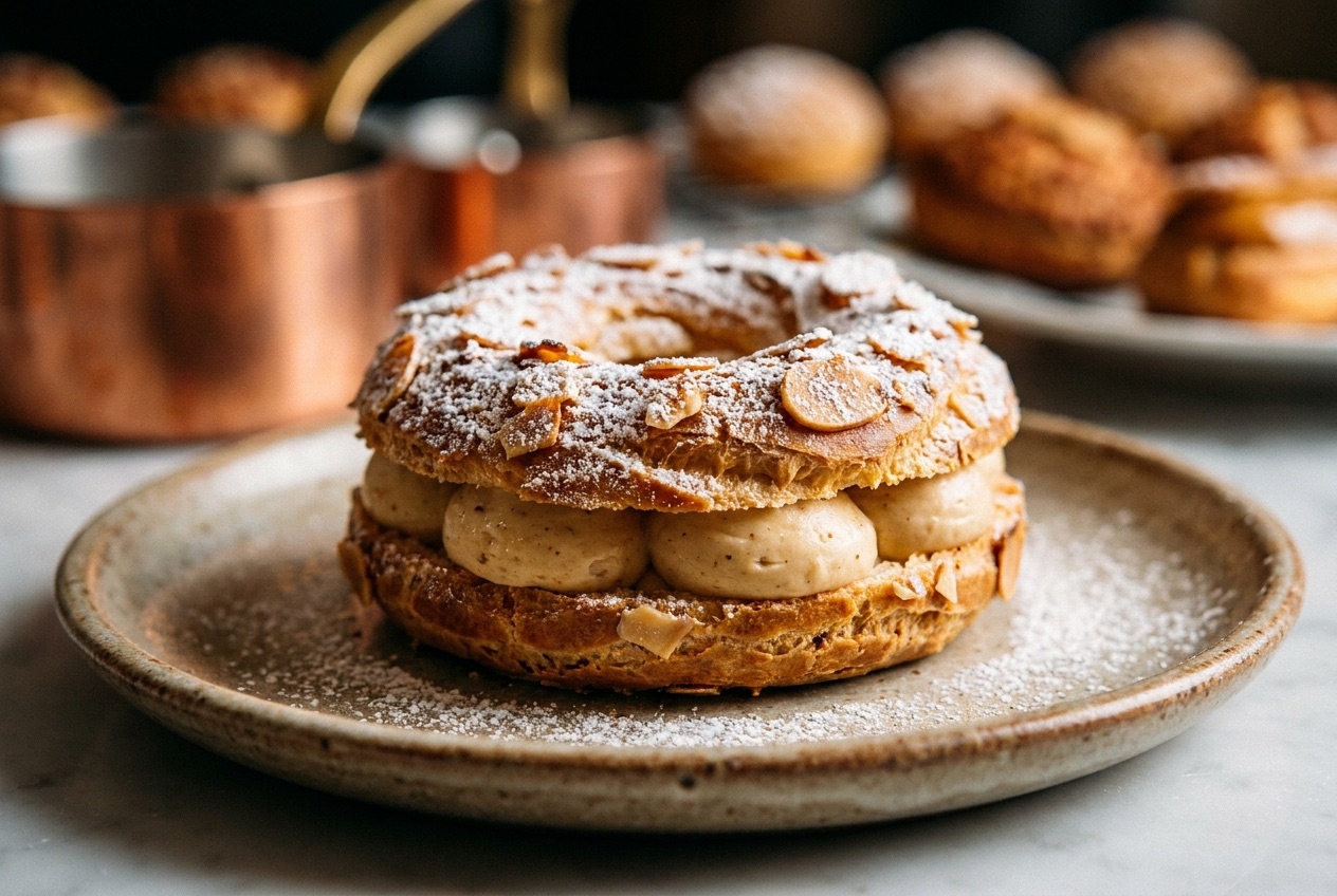 Paris-Brest au praliné saupoudré de sucre glace