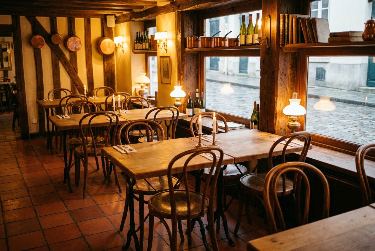 Salle du bistrot, tables en bois et lumière chaude en début de soirée